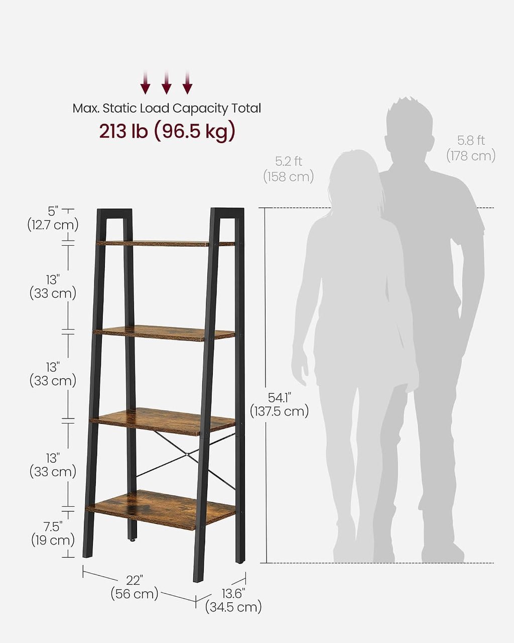 VASAGLE Ladder Shelf, Bookcase Book Shelf, Storage Shelves, 4-Tier, 22In