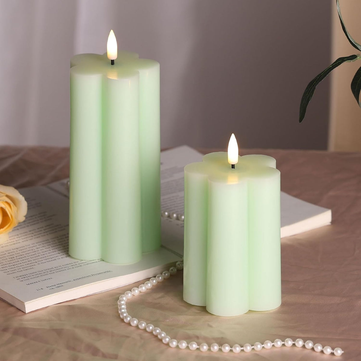 Green Flameless Pillar Candles with Remote, Flickering LED Wax Candles Battery Operated, Aesthetic Home Decor Set of 2