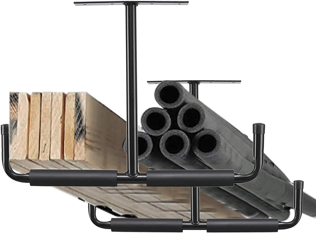 Overhead Garage Storage Hooks Rack Ceiling Mounted, Heavy Duty Utility Hooks Ladder Hanger for Hanging Hose Pipe Lumber & Other Bulky Items (2 Pack, Black)