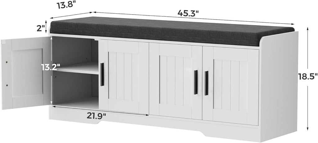 Homleke Shoe Storage Bench, 4 Doors & Thickened Padded Seat Cushion