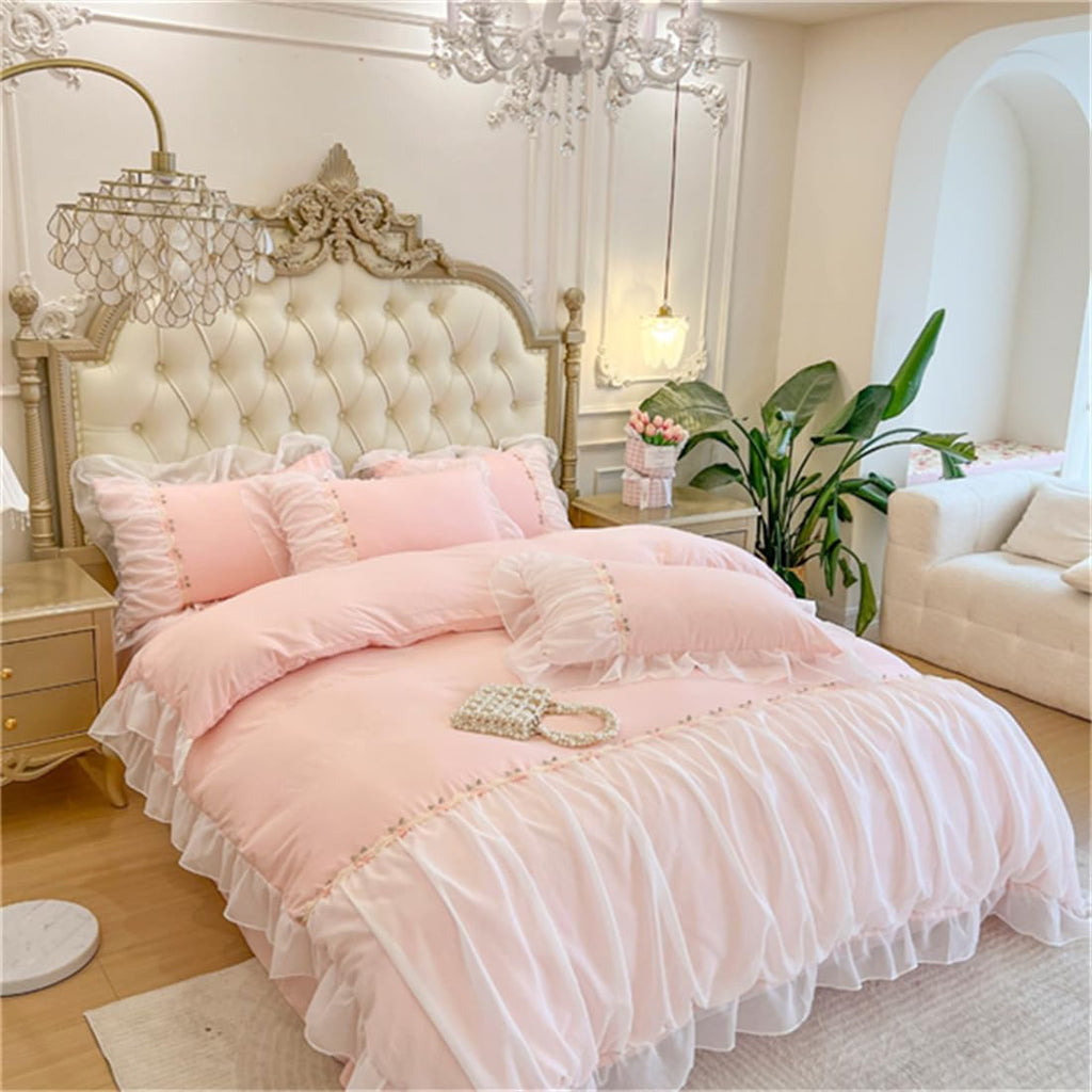 MOOWOO Pink Bedding-Romantic Ruffle Lace Bedding Set 2 Piece Comforter Twin Duvet Cover with Zipper Closure,Aesthetic Room Decor for Girls-Pink,Twin Size