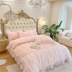 MOOWOO Pink Bedding-Romantic Ruffle Lace Bedding Set 2 Piece Comforter Twin Duvet Cover with Zipper Closure,Aesthetic Room Decor for Girls-Pink,Twin Size