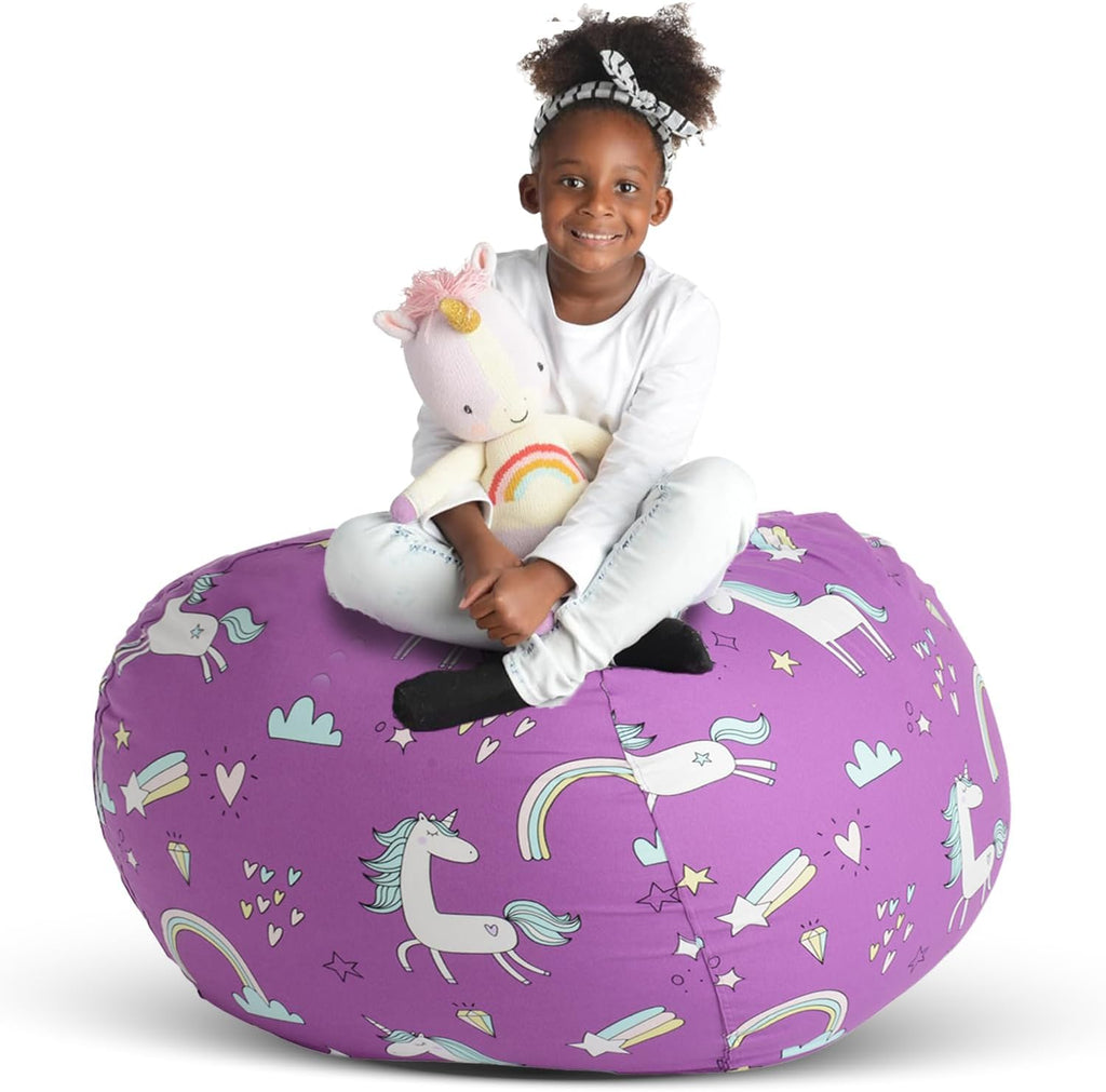 Creative QT Stuff ’n Sit Large 33’’ Bean Bag Storage Cover for Stuffed Animals & Toys, Giant Beanbag Chair for Kids Ages 3-14, Bedroom Organizer, Gray/White Stripe