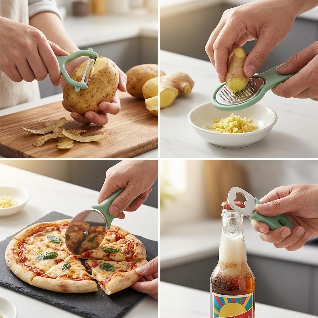 HAO'S COOK 8-Piece Nesting Kitchen Gadget Set, Space-Saving Stackable Utensil Set with Graters, Peeler, Pizza Cutter, Herb Stripper & Bottle Opener, Compact Cooking Tools for RV, Apartments & Camping