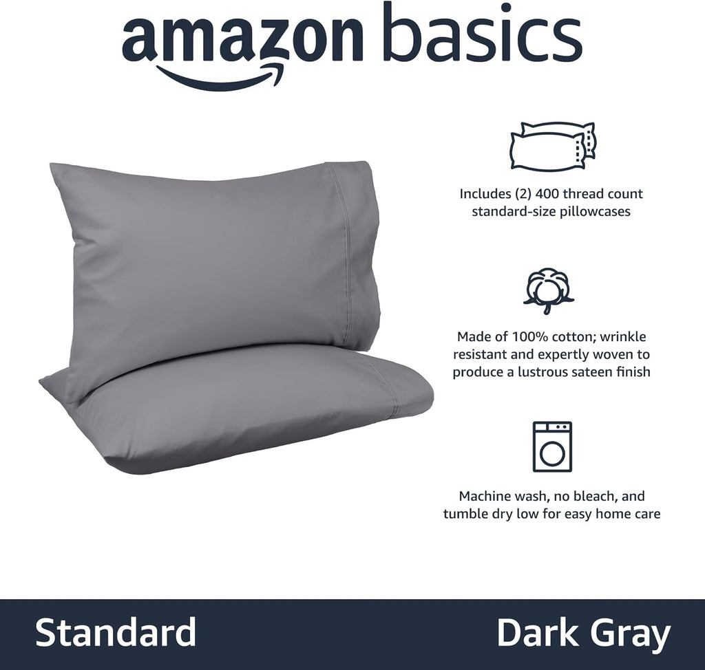 Amazon Basics 400 Thread Count 100% Cotton Pillow Cases, Soft, Wrinkle Resistant, Sateen Weave, Standard Size, 30" x 20", Dark Gray, Set of 2