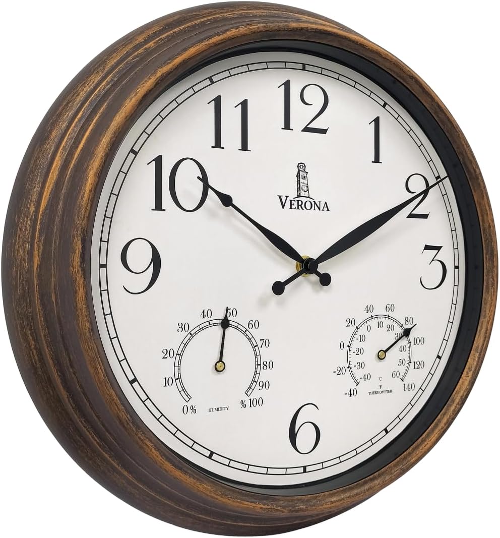 Outdoor Patio Clock - Waterproof Thermometer Combo, 14 Inch, Bronze