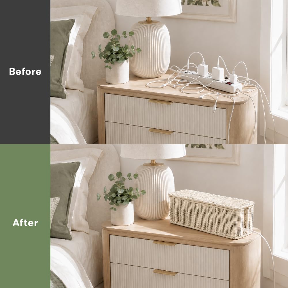 Cable Management Box, Handmade Rattan Cord Organizer for Power Strip