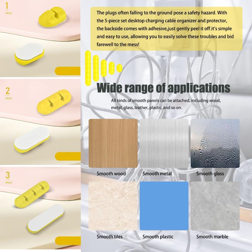 Cable Holder Clips，5 Packs Yellow Cable Management Cord Organizer Clips Silicone Self Adhesive for Desktop USB Charging Cable Nightstand Power Cord Mouse Cable Wire PC Office Home(7-5-3-2-1 Slots)