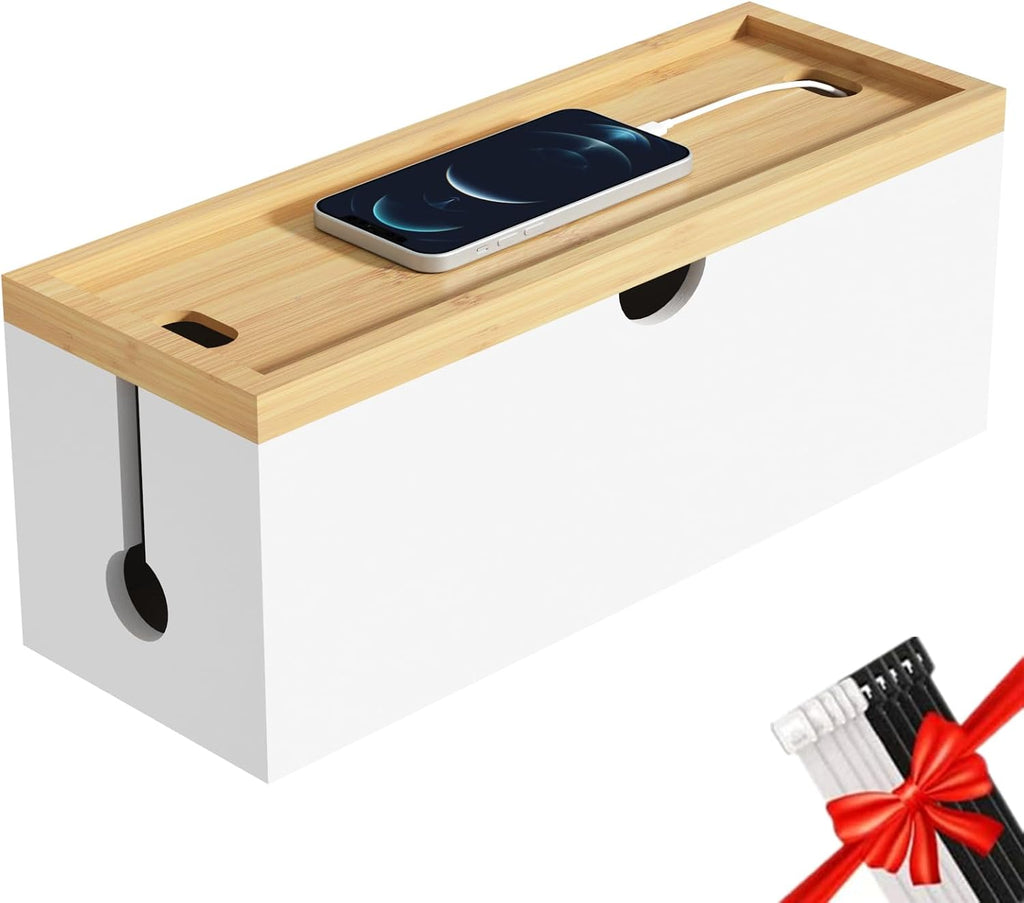 Bamboo Cable Management Box, Large Cord Organizer Box Cable Box to Hide Wires & Power Strips for Desktop Storage Cord Holder for Office Home,No Assembley Required (All White, 1Medium)