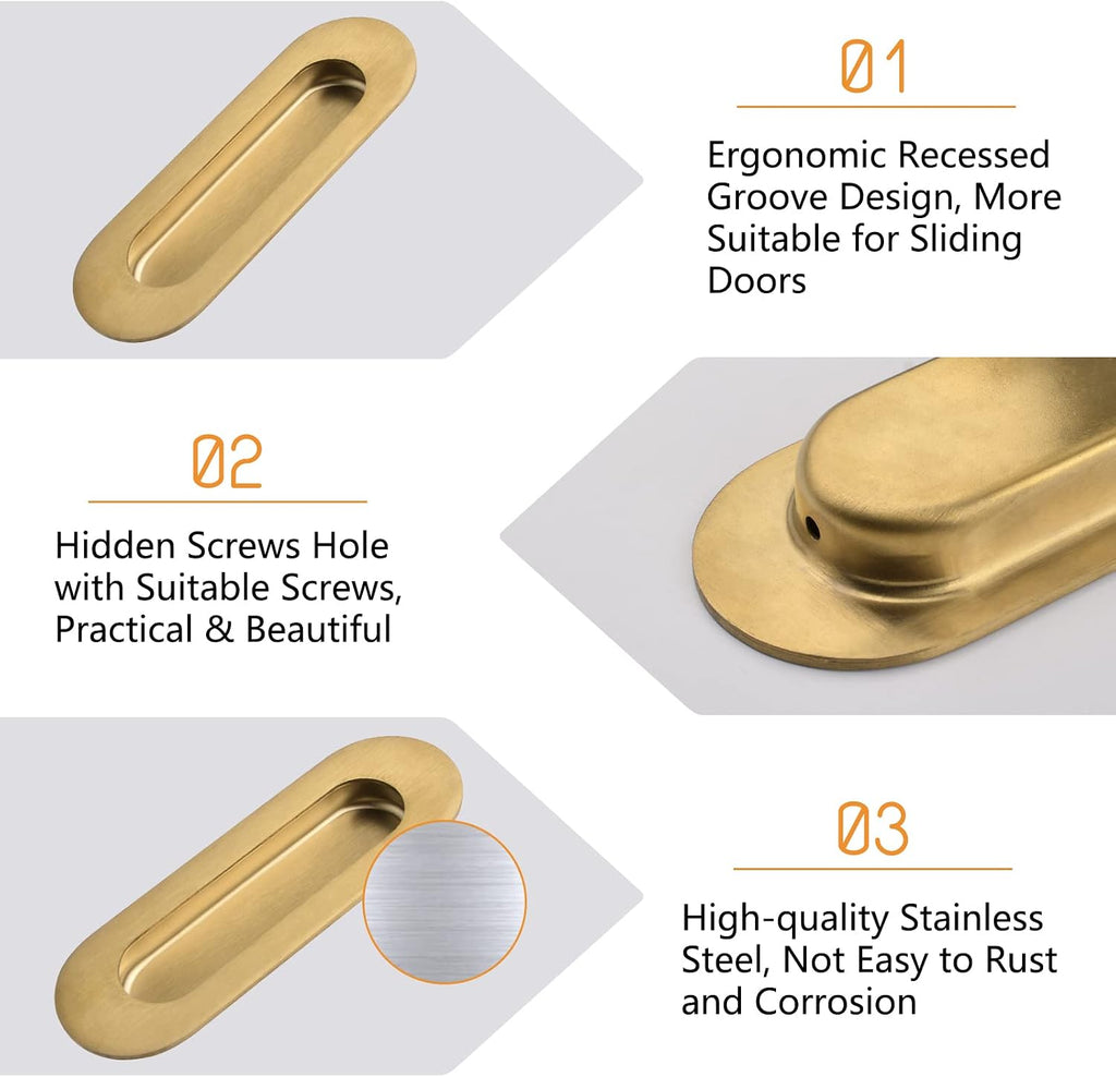 MOROBOR 2Pcs Brushed Gold Stainless Steel Side Hole Flush Pull, Oval Embedded Sliding Door Handle Recessed Finger Pulls with Hidden Screws for Drawer Cupboard Wardrobe