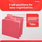 Staples File Folders, Letter Size, 1/3-Cut Tabs, Red, 100/Pack