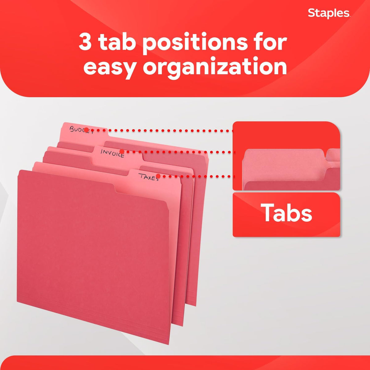 Staples File Folders, Letter Size, 1/3-Cut Tabs, Red, 100/Pack