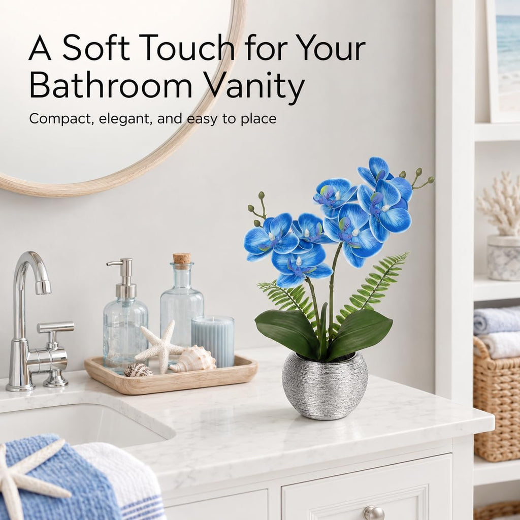 Briful 13" Small Artificial Orchid Flowers in Silver Ceramic Pot, Blue Faux Phalaenopsis Silk Orchid Arrangement Fake Orchid Plant for Bathroom Vanity Office Desk Shelf Coastal Home Decor