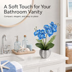 Briful 13" Small Artificial Orchid Flowers in Silver Ceramic Pot, Blue Faux Phalaenopsis Silk Orchid Arrangement Fake Orchid Plant for Bathroom Vanity Office Desk Shelf Coastal Home Decor