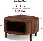 ZttRiee Round Coffee Table with Sliding Doors, Mid-Century, Walnut