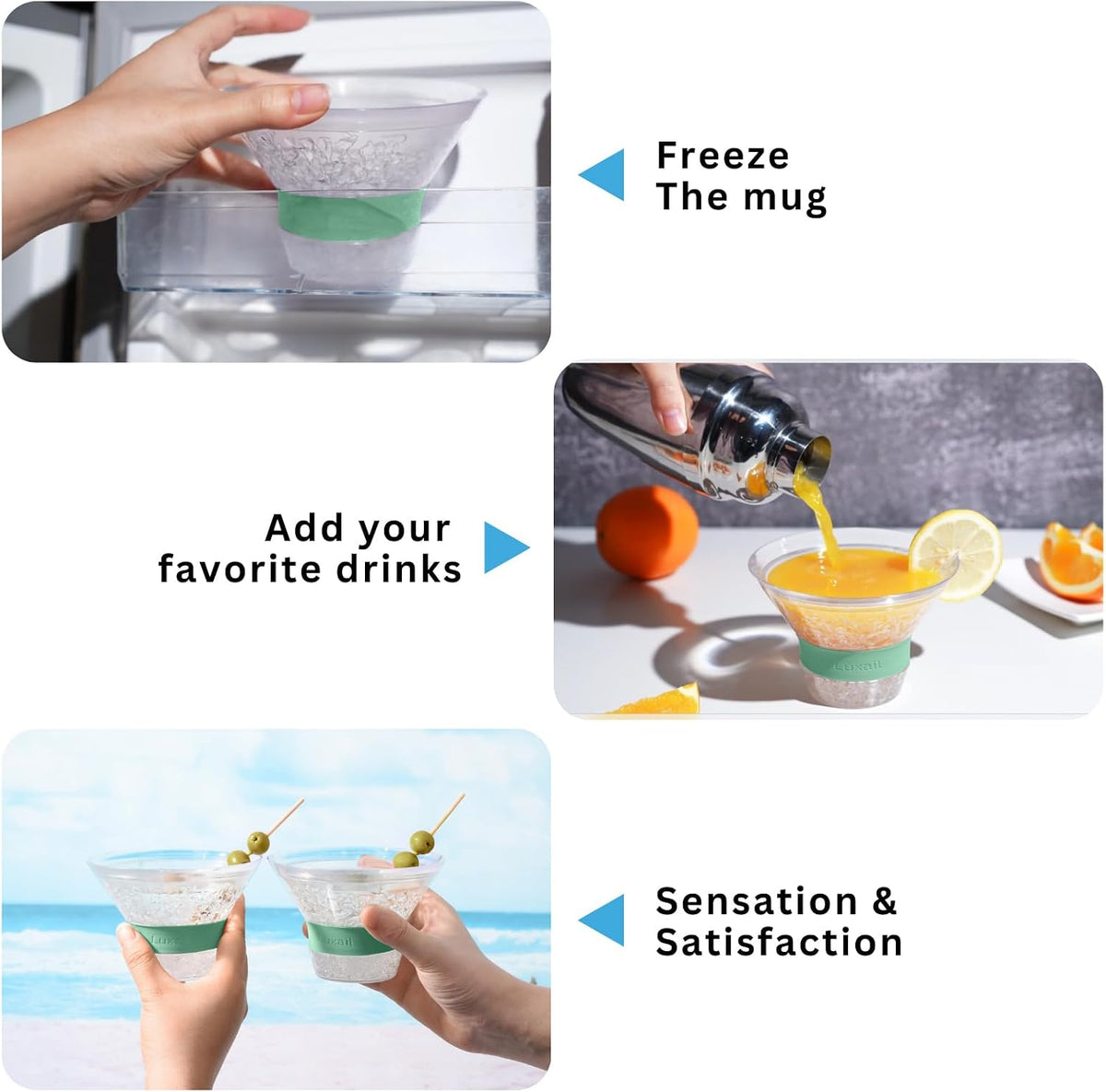 luxail Martini Glasses, Plastic Reusable Insulated Freeze Martini Cooling Cups, Gel Chiller, Double Wall Stemless Martini Glasses Set of 2, 9 Oz Capacity, Martini Gifts, 2 Reusable Cocktail Straws