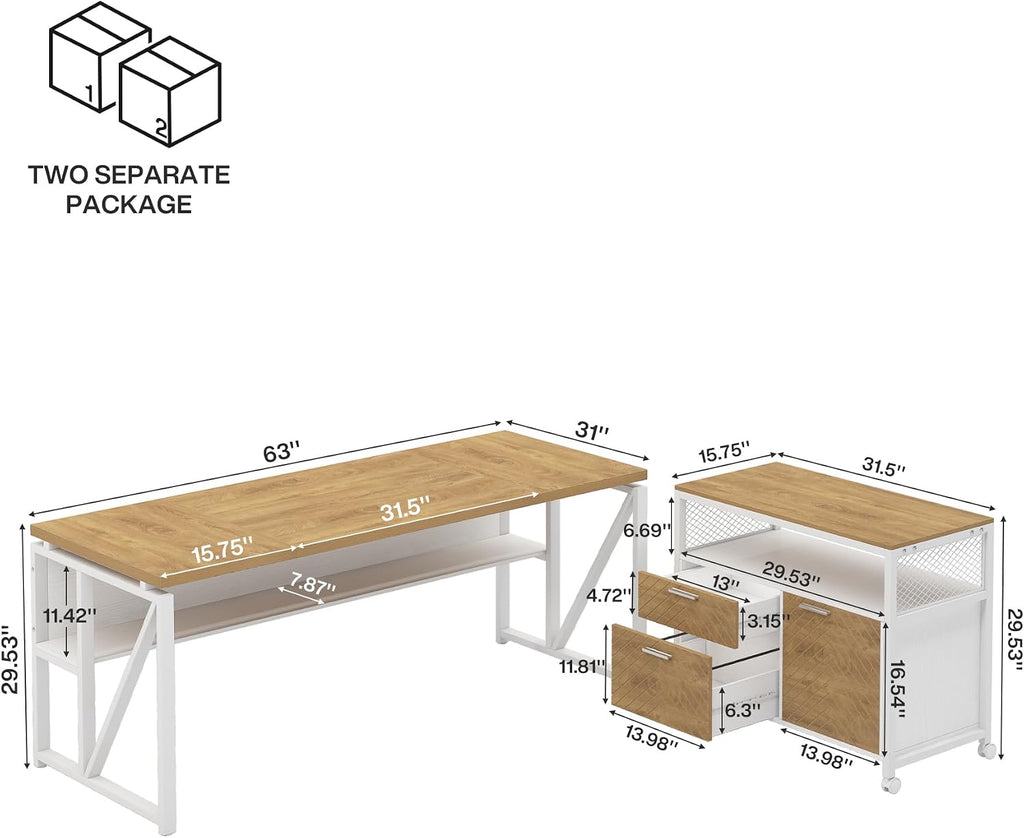 Tribesigns L Shaped Desk with Drawer Cabinet, 63" Executive Computer Desk and lateral File Cabinet, 2 Piece Home Office Furniture with Drawers for Hanging, Doors with Locks (Light Walnut, 63 inches)