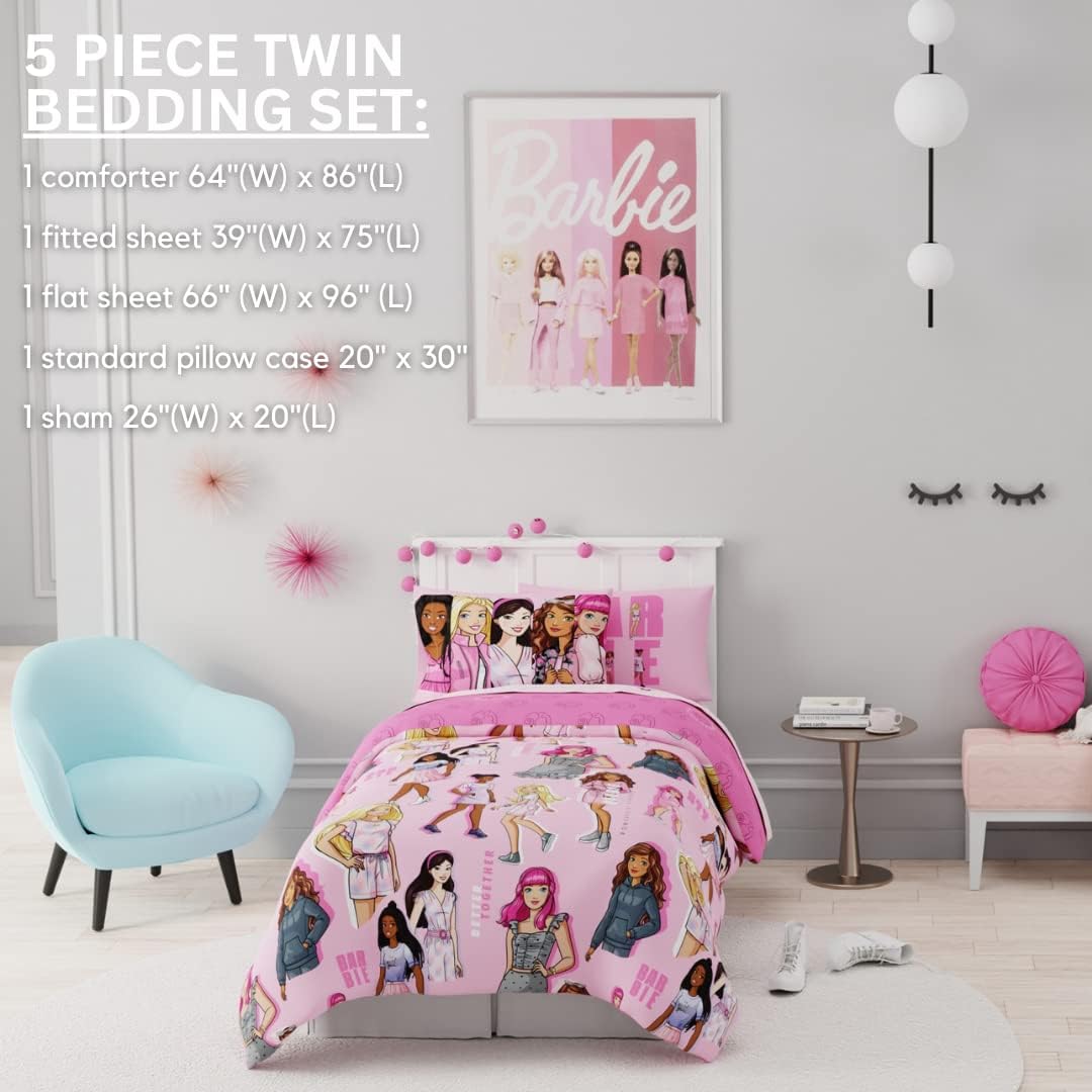 Franco Barbie Barbiecore Bedding Super Soft Comforter and Sheet Set with Sham, 5 Piece Twin Size, College Dorm Essentials (Official Licensed Product)