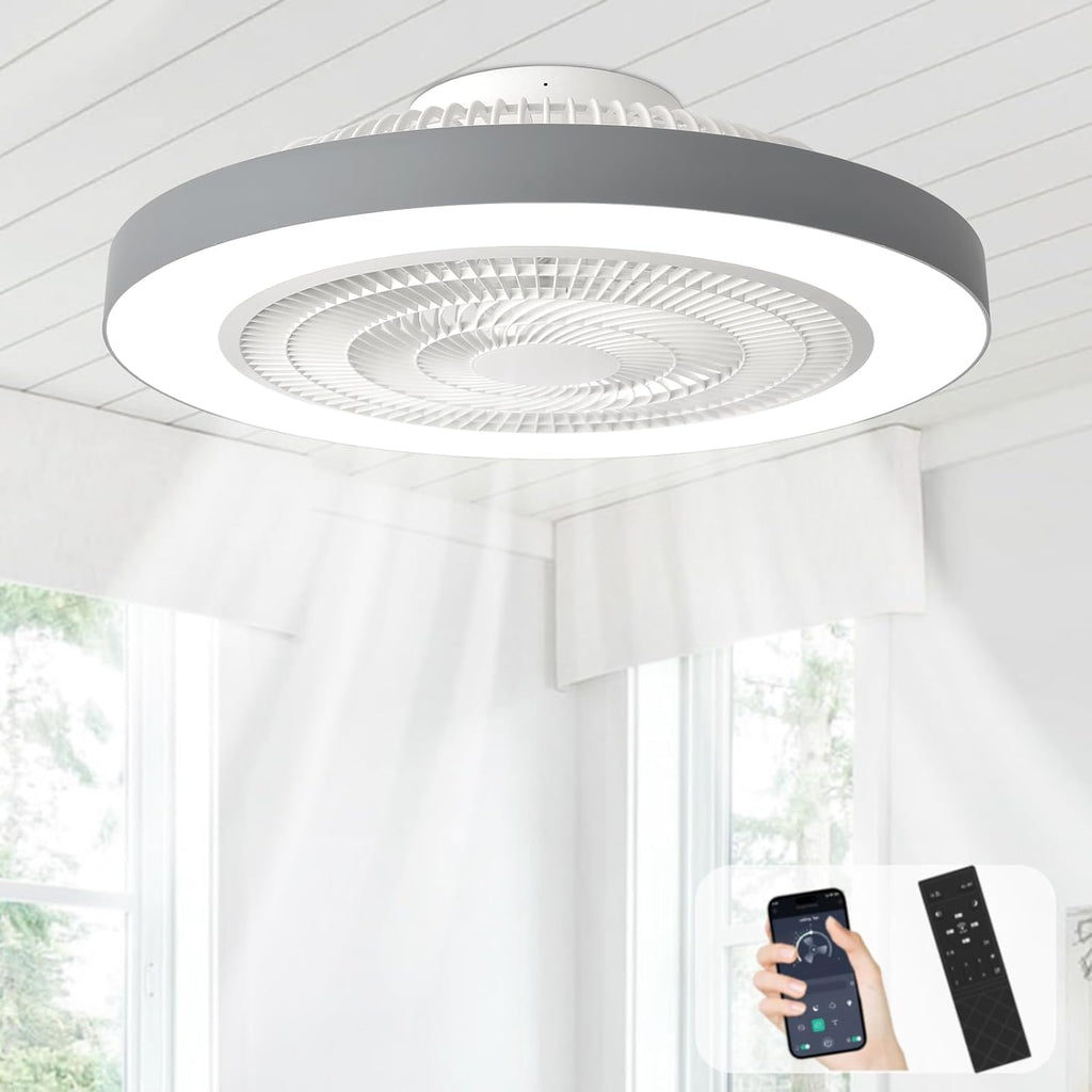 Depuley LED Ceiling Fan with Light: 19" Modern Flush Mount Low Profile Ceiling Fans with Remote & Smart APP Control - Grey Bladeless Fandelier Dimmable Quiet DC Motor for Bedroom Kids Room 6 Speeds