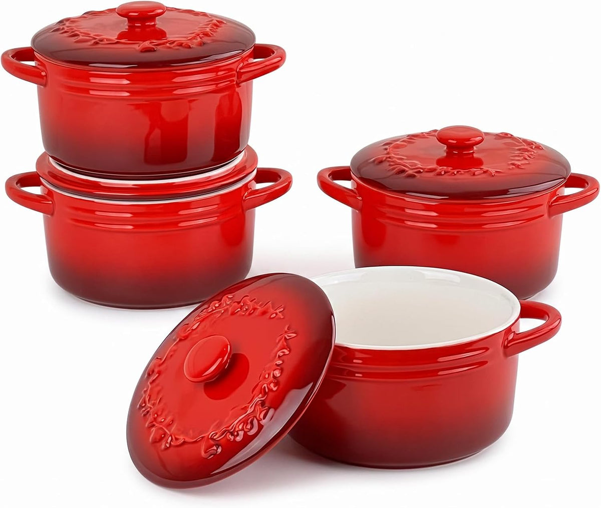 Mini Cocotte 16oz Ceramic Casserole Dishes with Handles & Lid,Set of 4 Oven Microwave Dishwasher Safe Ramekins