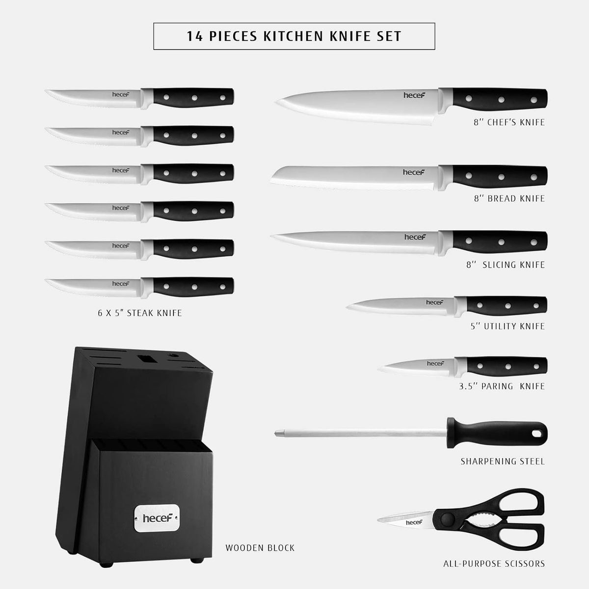 hecef Kitchen Knife Block Set, 14 Pieces Knife Set with Wooden Block & Sharpener Steel & All-purpose Scissors, High Carbon Stainless Steel Cutlery Set (Black)