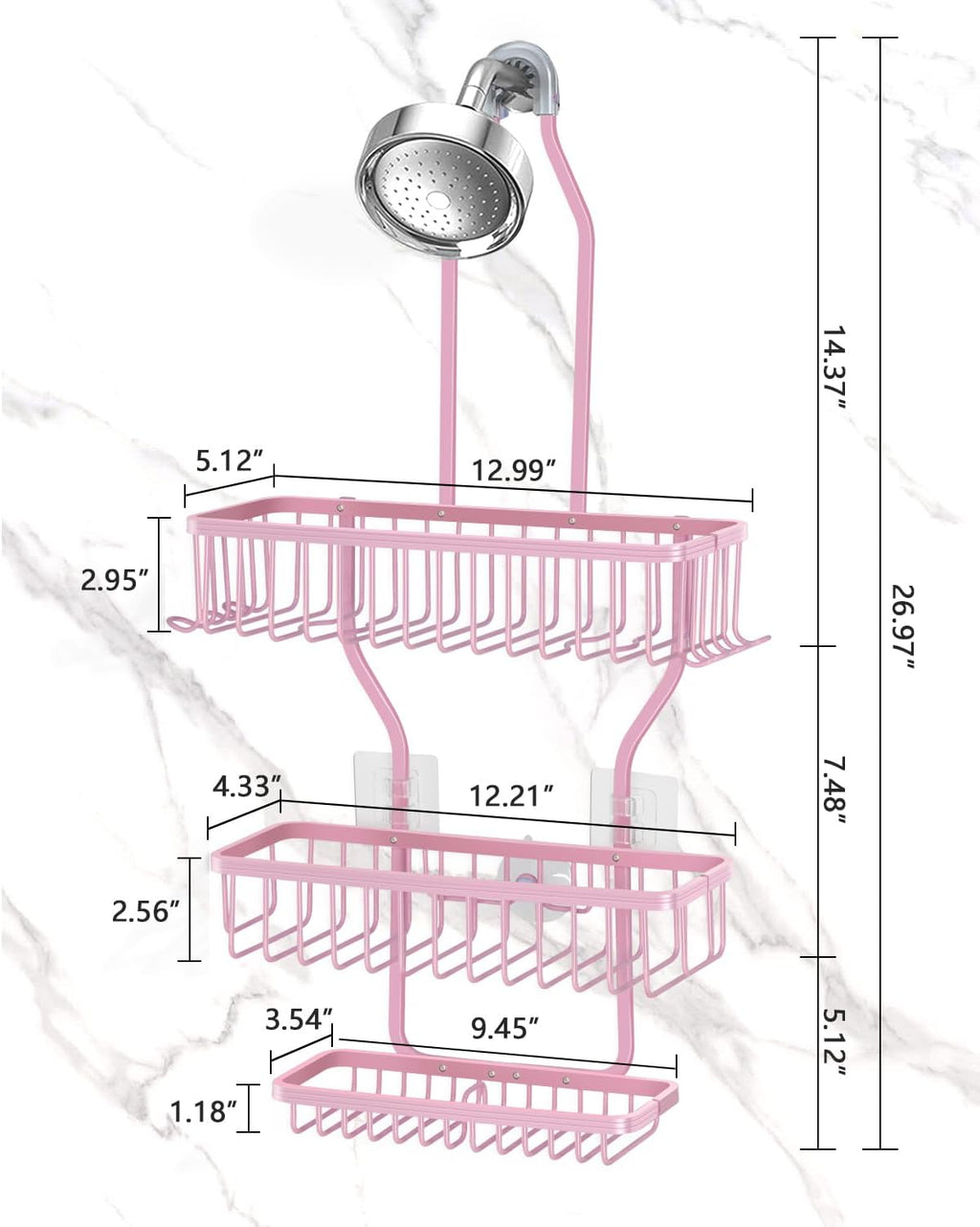 Pink Shower Caddy for Bathroom - Never Rust Hanging Shower Organizer with Soap Basket and Hooks - Large Capacity 3 Tier Aluminum Over The Showerhead Caddy