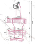Pink Shower Caddy for Bathroom - Never Rust Hanging Shower Organizer with Soap Basket and Hooks - Large Capacity 3 Tier Aluminum Over The Showerhead Caddy