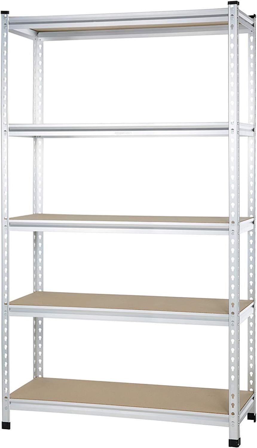 Amazon Basics 5-Tier Medium Duty Garage Shelving Unit, Sturdy Adjustable Storage Shelves, Easy to Assemble, 48" x 18" x 72", Aluminum