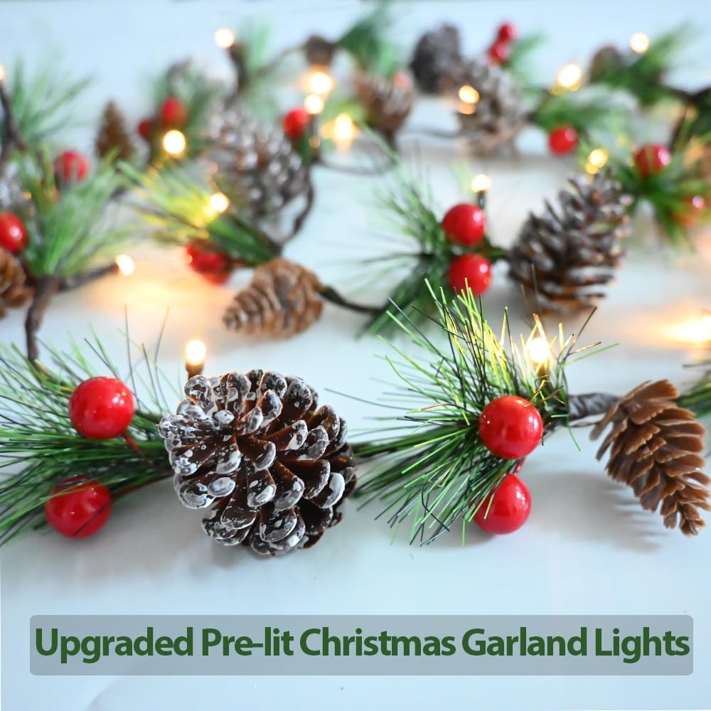 2026 Upgraded Christmas Garland Lights 9.84FT Holiday Prelit Garlands Pine Cone with Red Berry Battery Operated with Timer Garland Wreath Xmas Decor Lights for Outdoor Indoor Christmas Home Decoration
