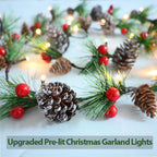 2026 Upgraded Christmas Garland Lights 9.84FT Holiday Prelit Garlands Pine Cone with Red Berry Battery Operated with Timer Garland Wreath Xmas Decor Lights for Outdoor Indoor Christmas Home Decoration