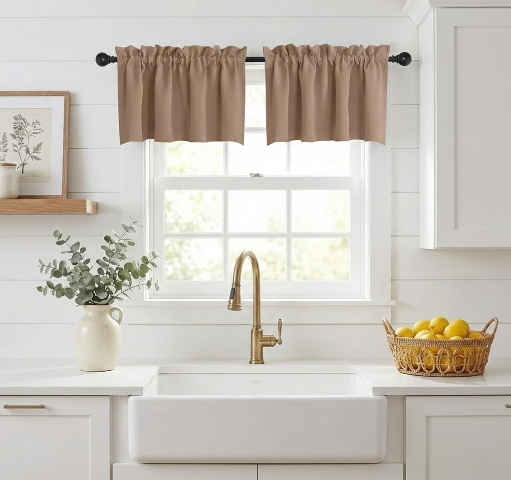 NICETOWN Farmhouse Valances for Kitchen/Bathroom/Living Room/Bedroom Blackout Privacy Adjustblae Rod Pocket Short Winow Curtains for Cafe/Loft/Office, 1 Pair, 42" x 18" + 1.6" Header, Biscotti Beige