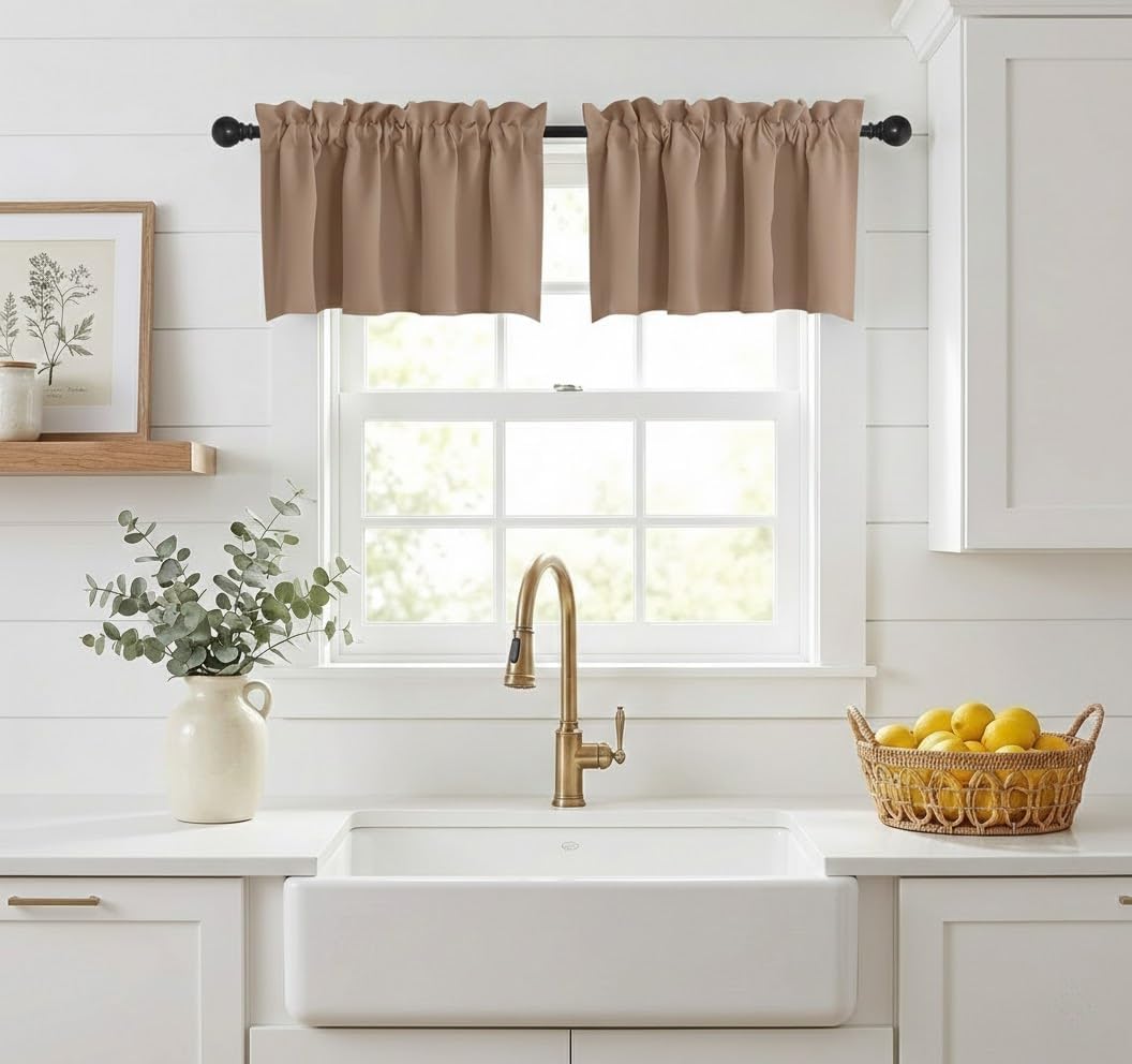 NICETOWN Farmhouse Valances for Kitchen/Bathroom/Living Room/Bedroom Blackout Privacy Adjustblae Rod Pocket Short Winow Curtains for Cafe/Loft/Office, 1 Pair, 42" x 18" + 1.6" Header, Biscotti Beige