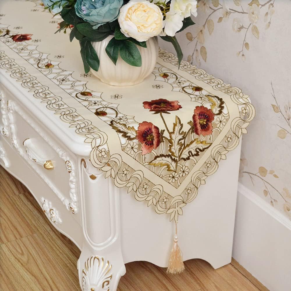 Arzoe Vintage European Flower Lace Table Runner Elegant Runners Cabinet Dining Room Table Decoration (Burgundy, 16×77 Inch)