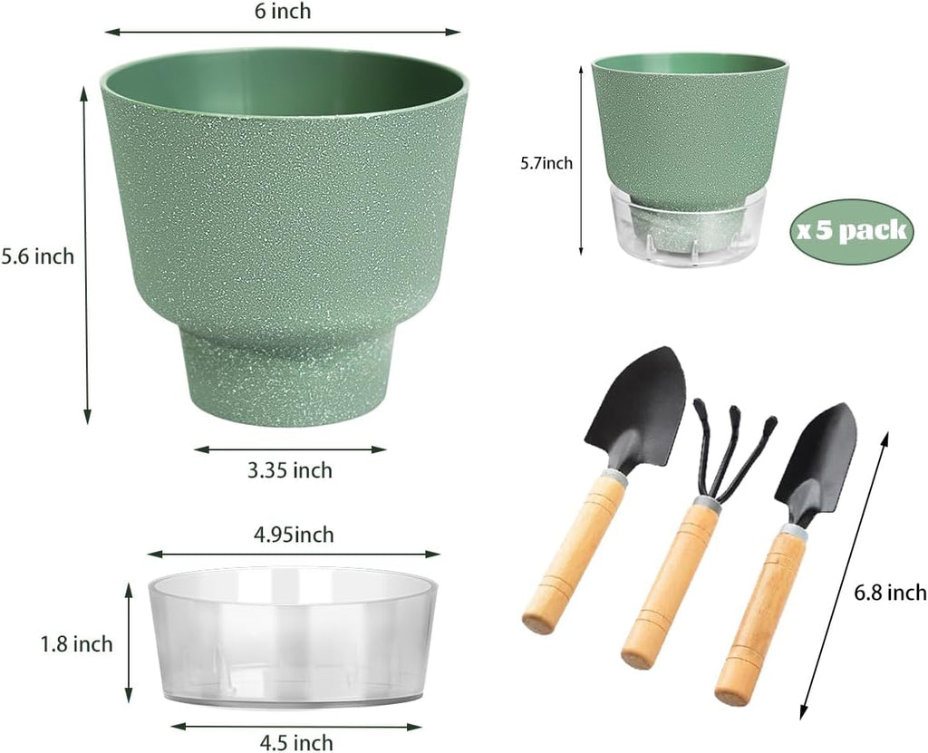 2024 Upgraded 5 Pack 6-Inch Self-Watering Planter Pots with Deep Reservoir for Indoor and Outdoor Plants with Planting Tools (Frosted Black)