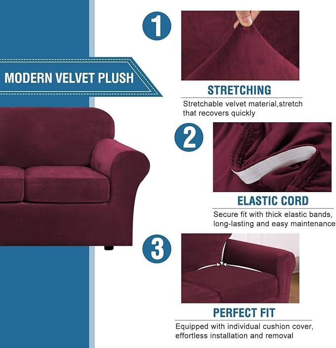 H.VERSAILTEX Velvet 4 Piece High Stretch Sofa Slipcover Cover Furniture - Image 3