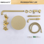RBROHANT Brushed Gold Shower System with Tub Spout, Brass Bathtub Shower Faucet Set with 3 Way Rough-in Valve,10 Inch Round Shower Head Set with Tub Spout and Handheld, JK0299