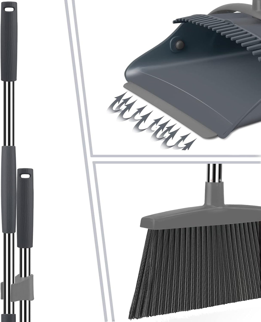 Ivandar Broom and Dustpan Set, Dust pan with Long Handle, Broom with Dustpan Combo Set, Broom and Dustpan for Home, Indoor or Outdoor Cleaning Tool (Deep Gray&Light Gray)