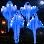 Kiddokids 4 Pack Halloween Hanging Ghost Decorations, 27.5" Light Up Spooky Floating Ghosts with Blue LED, Outdoor & Indoor Haunted House, Porch, Yard, Party Decor, Patio Lawn Garden