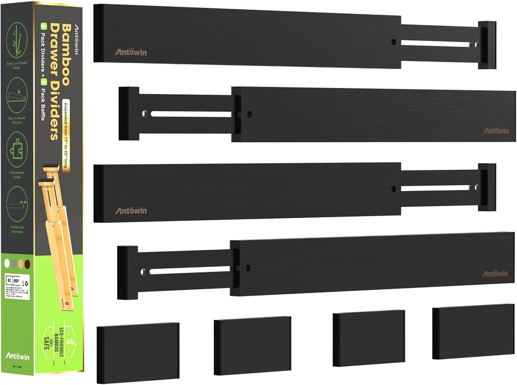 Bamboo Drawer Dividers Organizers, Expandable Drawer Separators Splitter,17-22 inches Long Adjustable Spring-loaded Organizer for Large Utensil, Clothes, Tools Drawers (Black)
