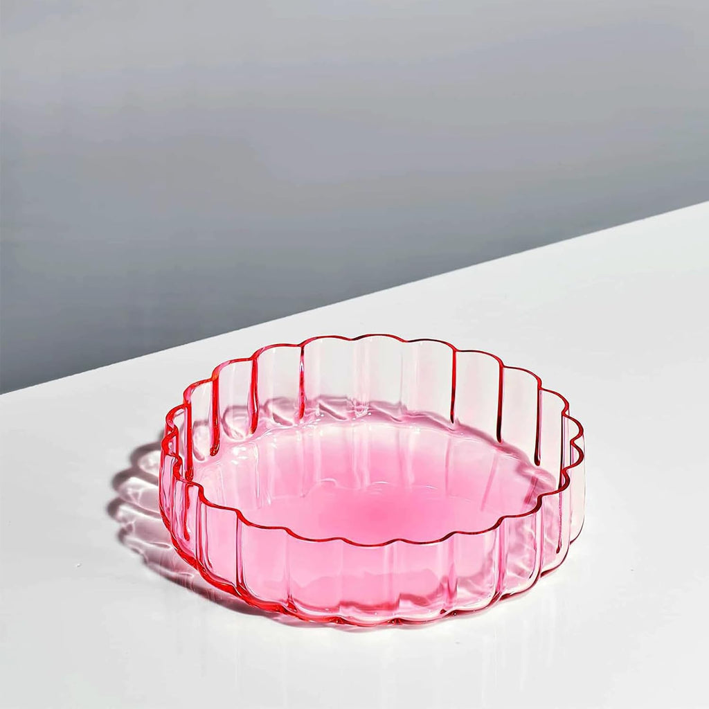 Khen Glass Flower Wave Colored Plates | Set of 2 | Blush Pink Green 5.9" Dinner or Dessert Plate, Appetizer, Snack, Fruit, Wavy Serveware | Vintage Art Deco Hand Wash Housewarming Gift