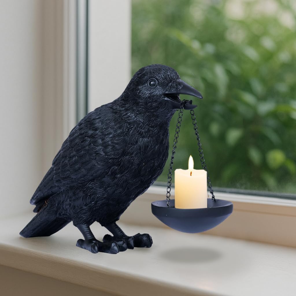 Dlfghos Gothic Home Decor Raven Lamp Tealight Candle Holder Halloween Decorations Indoor Fake Crow Light Holder Resin Black Bird Statue for Living Room Fireplace Entrance Holiday Spooky Ornaments