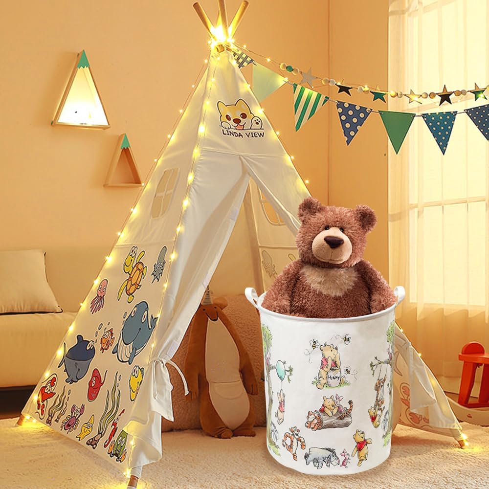 Oval Cute Bear Nursery Storage Basket With A Waterproof PE Coating, Foldable Large Canvas Laundry Hamper, Barrel Shaped Decorative Storage Baskets Suitable For Bathroom and Bedroom (White)
