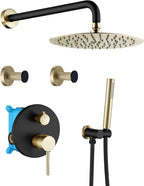 Shower Faucet Set Black and Brushed Gold 10'' Rainfall Shower System