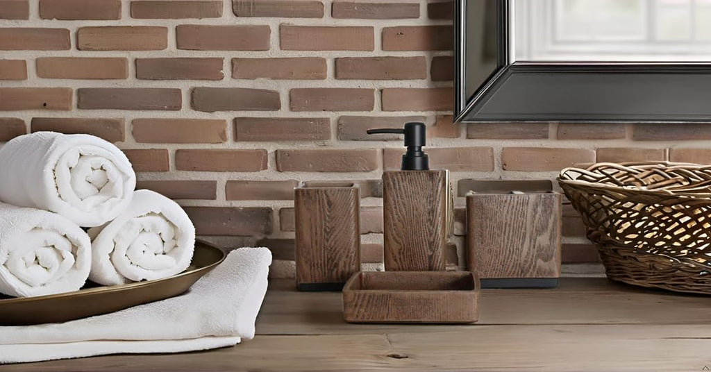 Hymmah Bathroom Accessories Set,Toothbrush Holder Set,4 Pcs Apartment Necessities (Wood Brown)