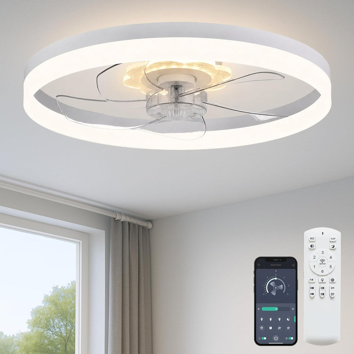 20'' Ceiling Fan with Light and Remote,White Low Profile Fandelier