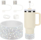 Rhinestone Stanley Cup Accessories Set Including 0.4in Bling Straw Covers, Spill Proof Stopper, Diamond Glitter Silicone Boot for Stanley Accessories 40oz (Fit 40 oz, Champagne)