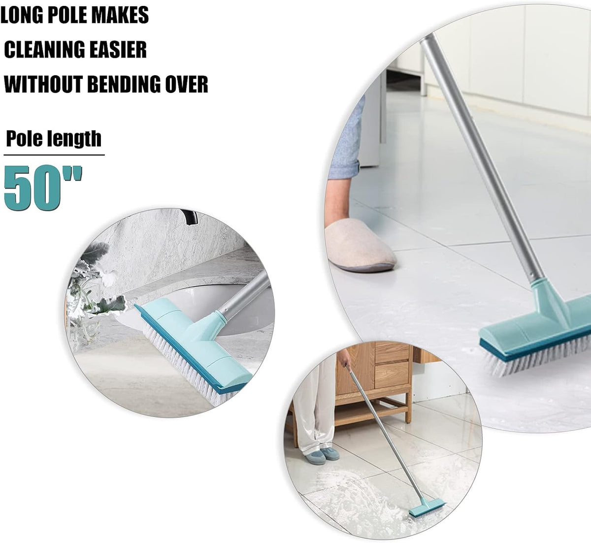 BOOMJOY Floor Scrub Brush with Long Handle, 2 in 1 Scrape and Brush, Stiff Bristles for Cleaning Bathroom, Patio, Garage, Kitchen, Deck, Tile, Blue