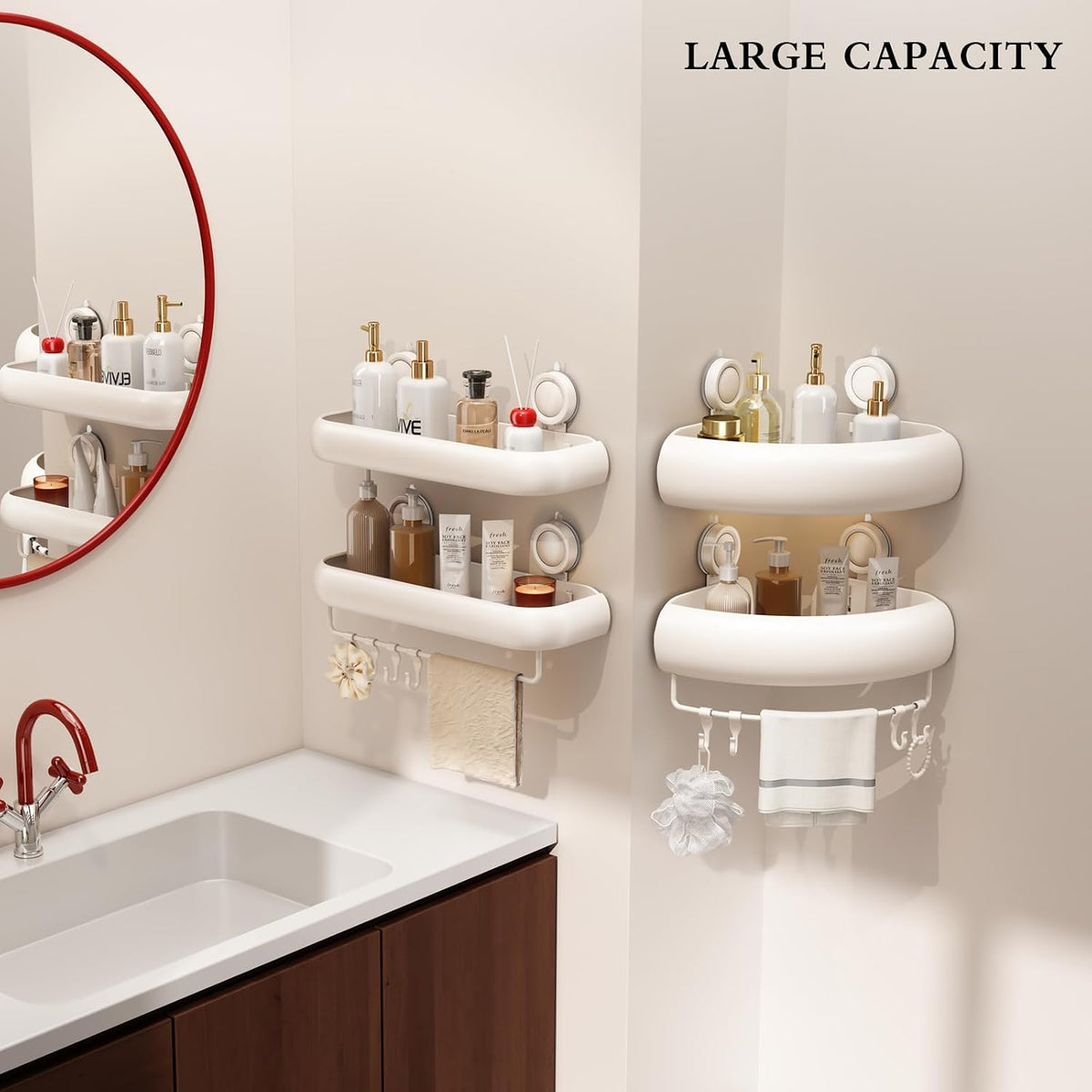 Shower Caddy Suction Cup, 2 Pack No Drilling Corner Shower Shelves, Rust Proof Bathroom Storage Organizer, Shower Corner Caddy with Removable Hooks and Towel Bar, Triangle, Cream