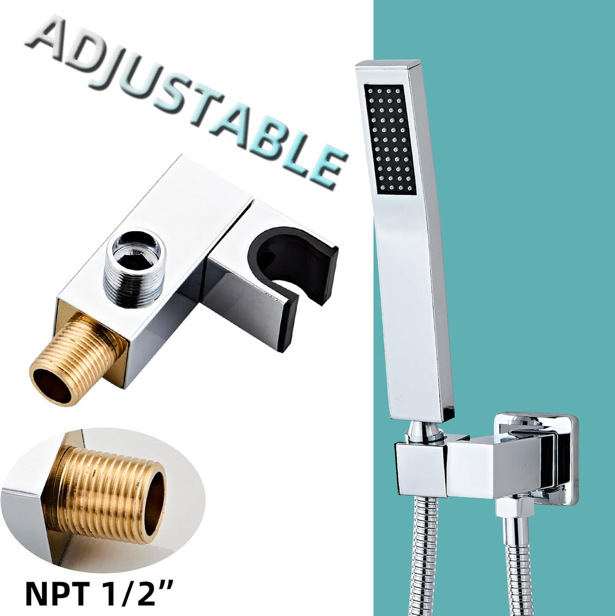 Bathroom Square Chrome Solid Brass Hand Held Shower Head With Wall Connector and Hose System Wall Mount Handheld Showerheads Set