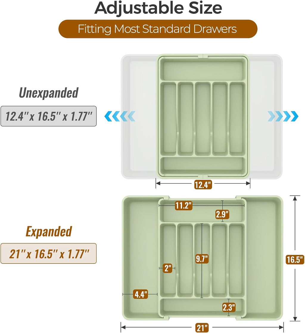 ukeetap Extra Large Expandable Silverware Organizer, Flatware Tray, Green